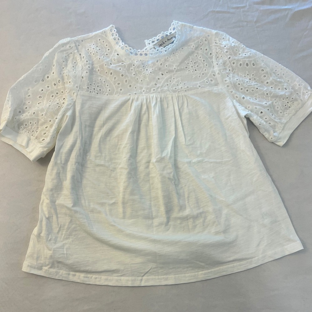 Jack + Avery Womens White Eyelet Lace Puff Short Sleeve Cotton Top RN160954 Med